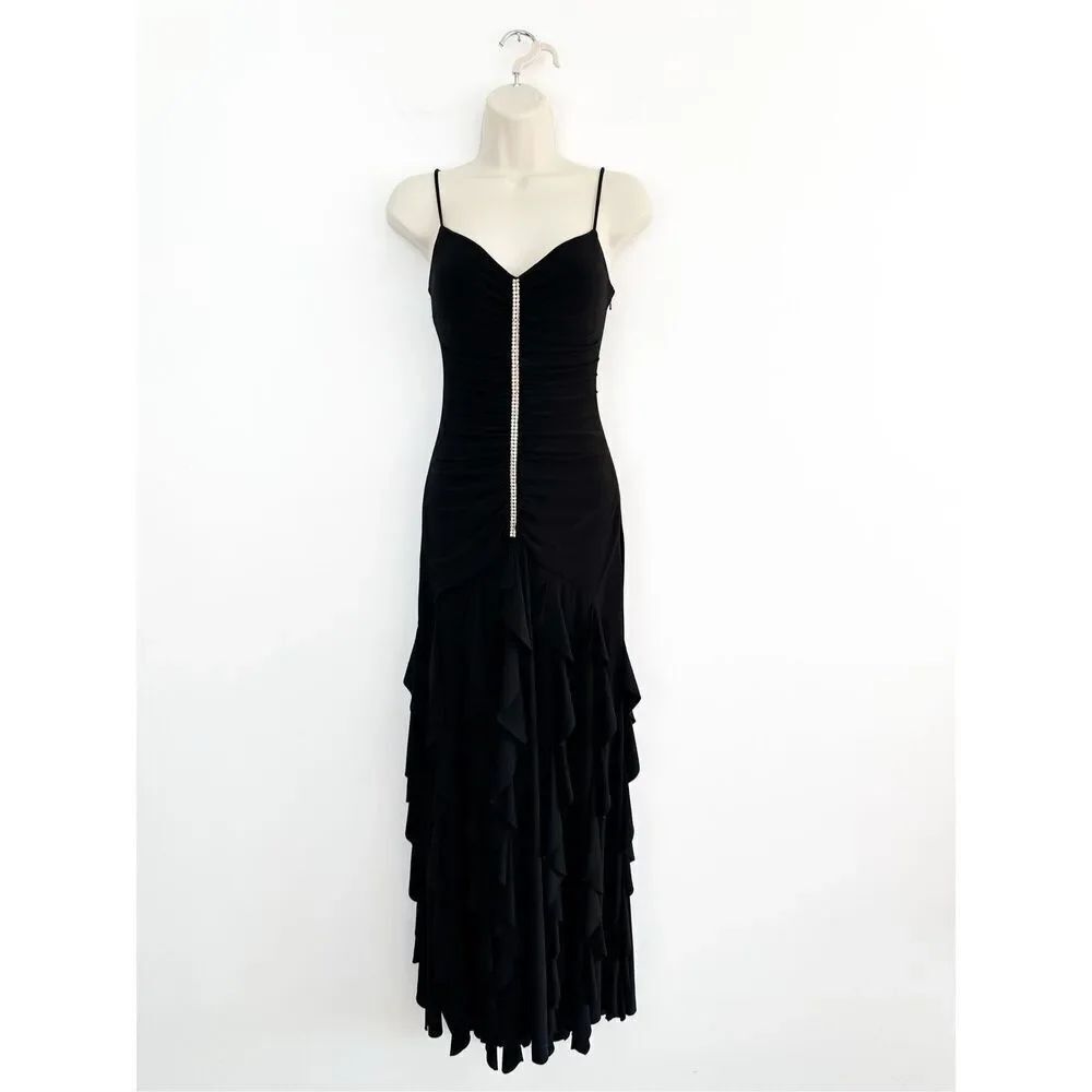 Scott McClintock Women’s Black Jersey Knit Spaghetti Strap Fitted Rhinestone Acc